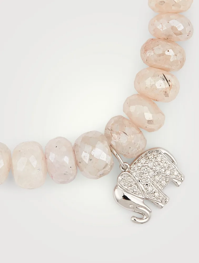 Mystic Blush Grapolite Beaded Bracelet With 14K White Gold Diamond Elephant Charm