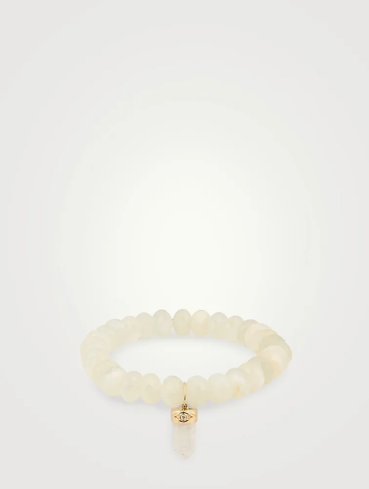 Moonstone Beaded Bracelet With 14K Gold Diamond Crystal Charm