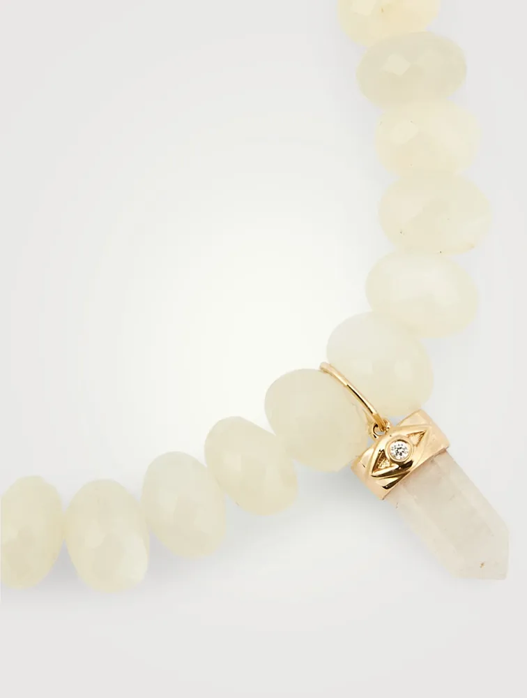 Moonstone Beaded Bracelet With 14K Gold Diamond Crystal Charm