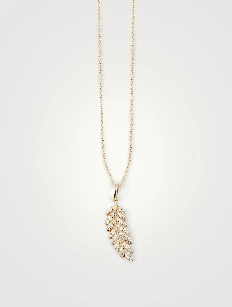 Small 14K Gold Chain Necklace With Pavé Diamond Feather Charm