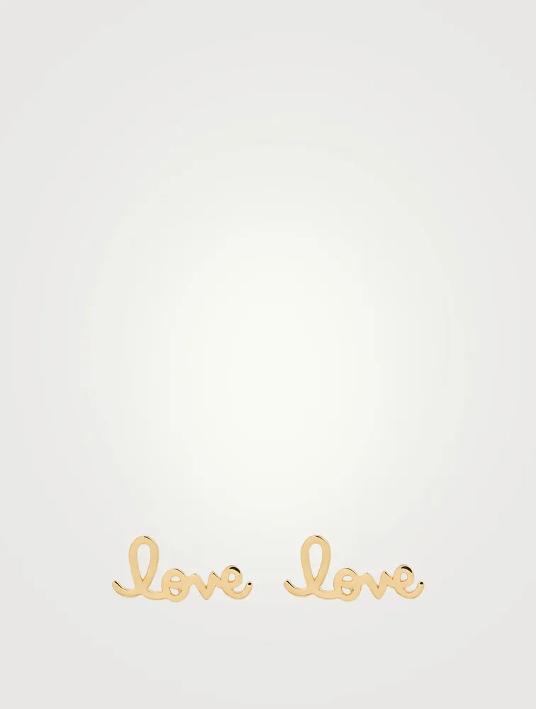 14K Gold Love Script Stud Earrings