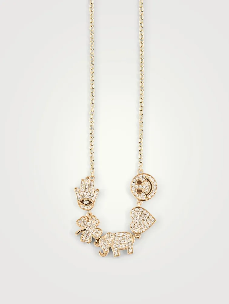 Small 14K Gold Icon Chain Necklace With Diamond Charms