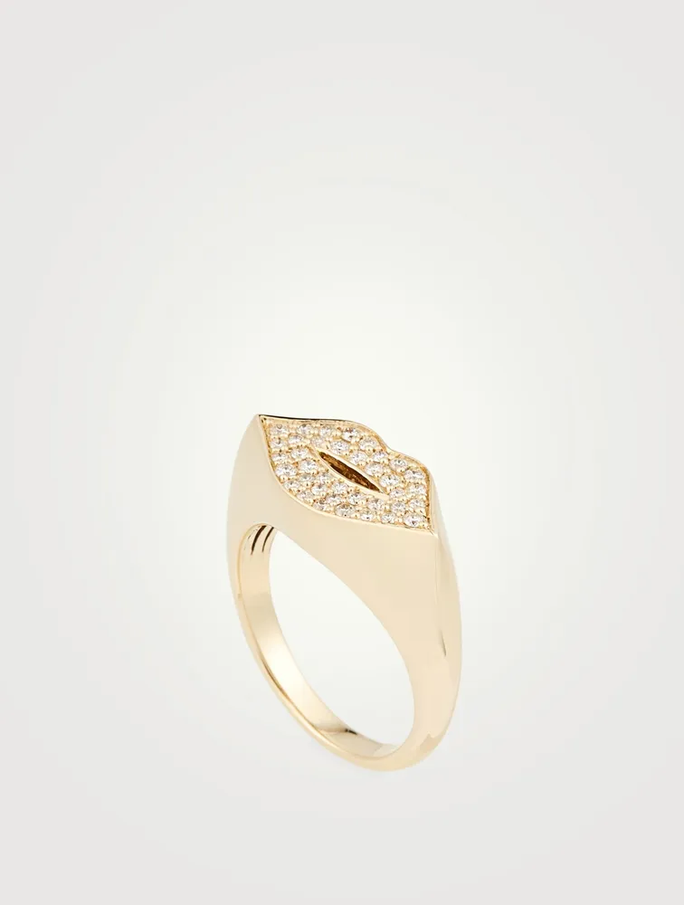 14K Gold Lips Signet Ring With Diamonds
