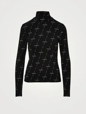 Cotton Stretch Turtleneck Top Logo Print