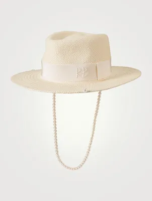 Fedora Straw Hat With Pearl Strap