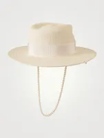 Fedora Straw Hat With Pearl Strap
