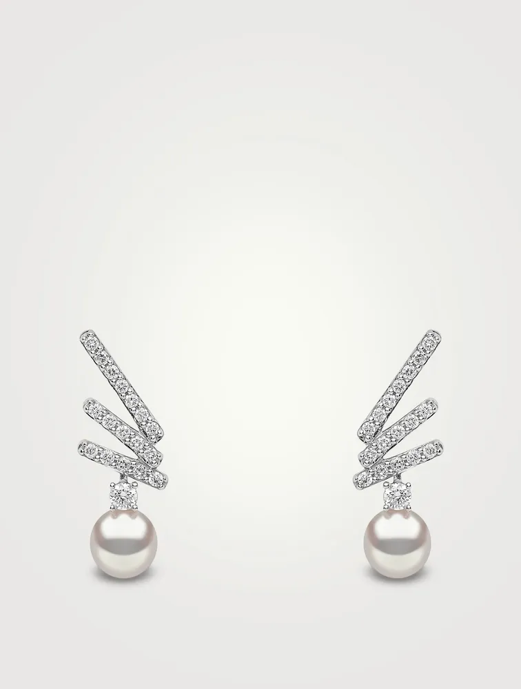 Sleek 18K Gold Akoya Pearl Drop Earrings With Diamonds