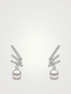 Sleek 18K Gold Akoya Pearl Drop Earrings With Diamonds