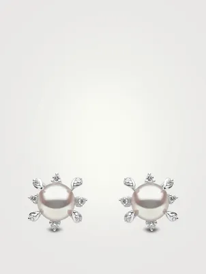 Trend 18K White Gold Pearl Cluster Stud Earrings With Diamonds