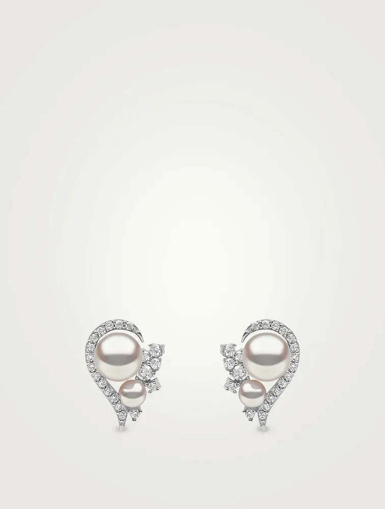 Trend 18K White Gold Pearl Cluster Earrings With Diamonds