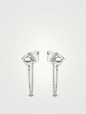 Trend 18K Gold Pearl Chain Drop Earrings With Diamonds