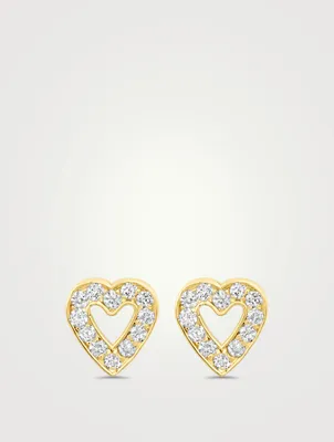 Mini 18K Gold Open Heart Stud Earrings With Diamonds