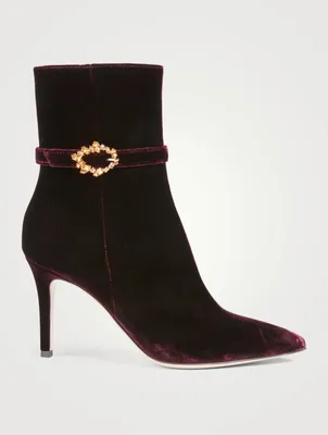 Velvet Heeled Ankle Boots With Crystal Buckle