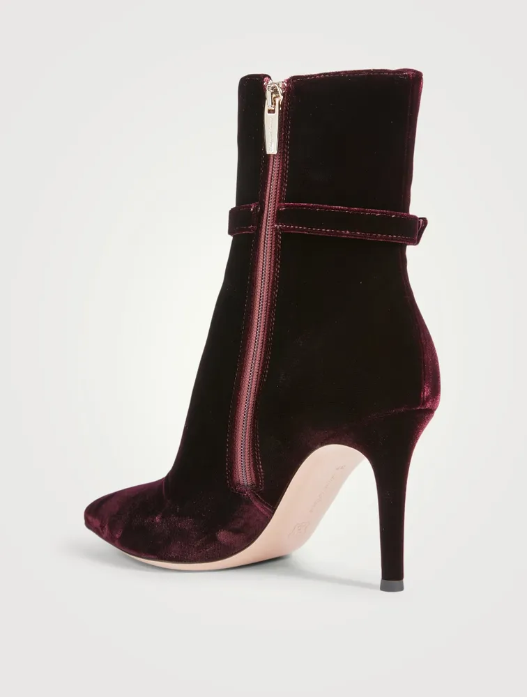 Velvet Heeled Ankle Boots With Crystal Buckle