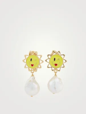 24K Goldplated Sun Clip-On Earrings With Pearls