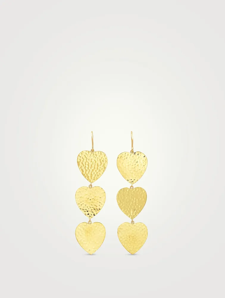 18K Gold Hammered Triple Heart Drop Earrings