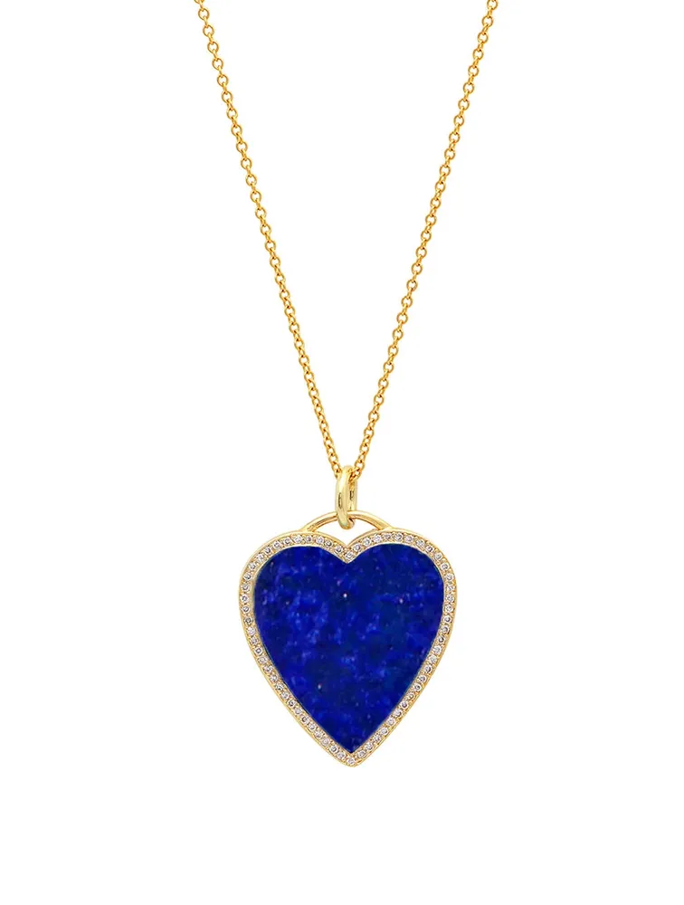 18K Gold Lapis Inlay Heart Pendant Necklace With Diamonds