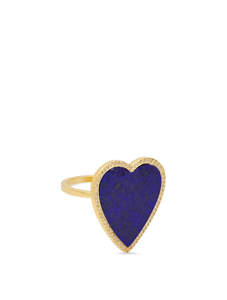 18K Gold Lapis Inlay Heart Ring With Diamonds