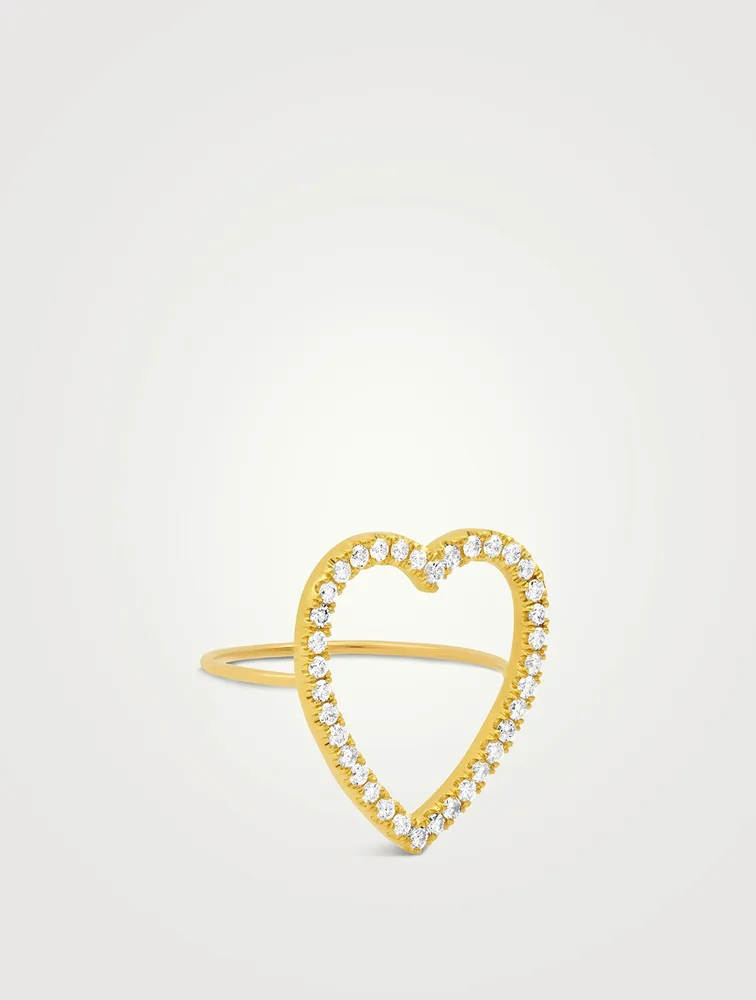 Large 18K Gold Open Heart Ring With Diamonds