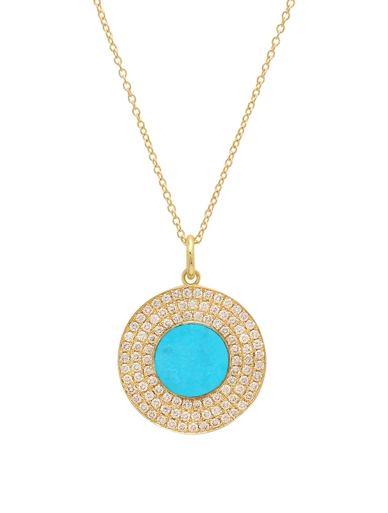 18K Gold Turquoise Inlay Circle Pendant Necklace With Diamonds