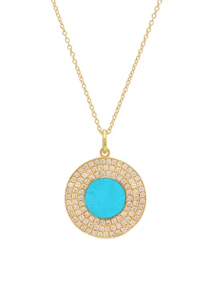 18K Gold Turquoise Inlay Circle Pendant Necklace With Diamonds