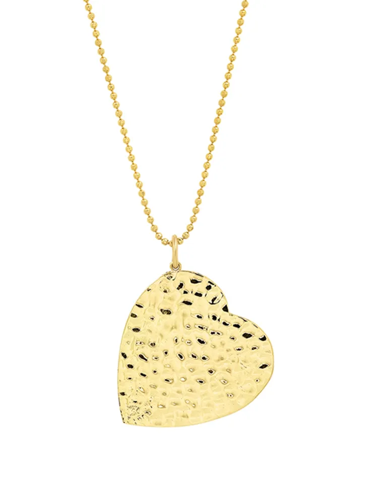 Large 18K Gold Hammered Heart Pendant Necklace