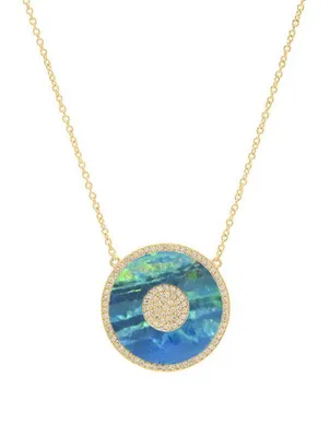 18K Gold Opal Inlay Evil Eye Pendant Necklace With Diamonds