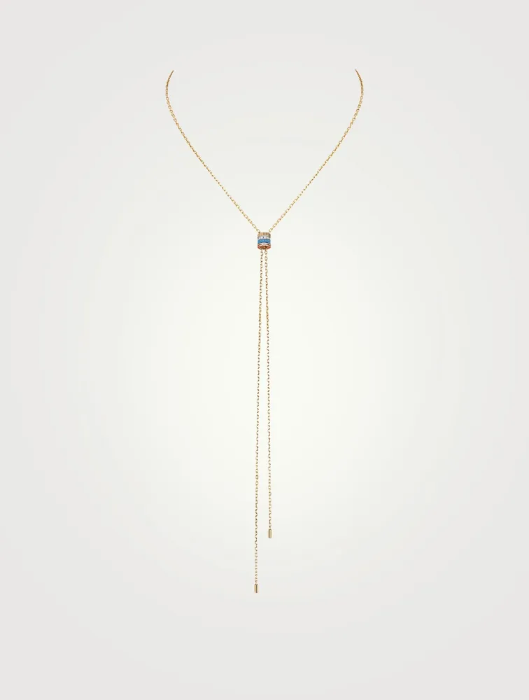 Mini Quatre Blue Edition Gold Lariat Tie Necklace With Ceramic And Diamonds