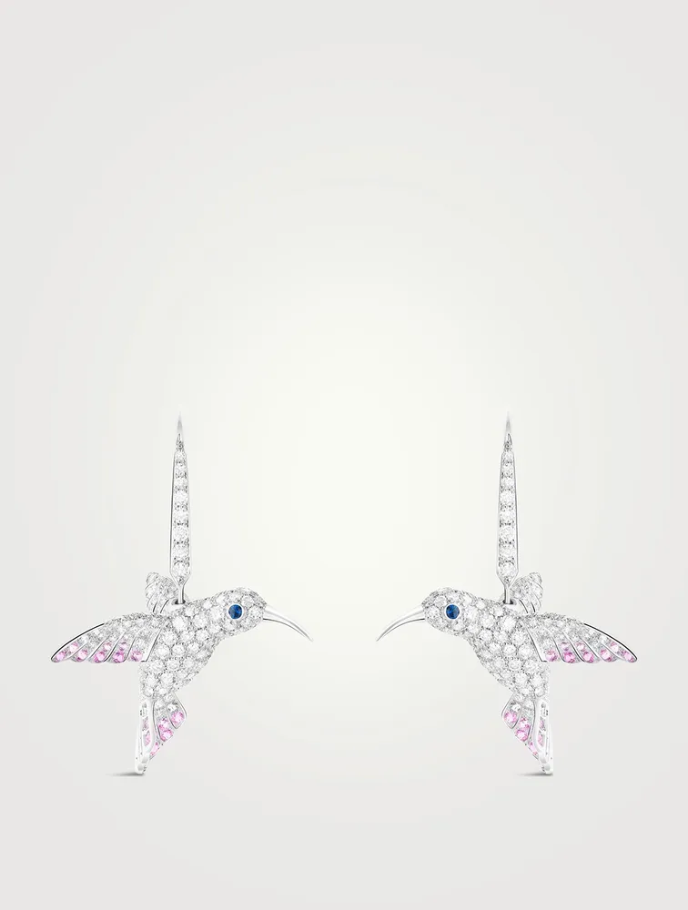 Hopi The Hummingbird White Gold Sleeper Earrings With Diamonds And Sapphire