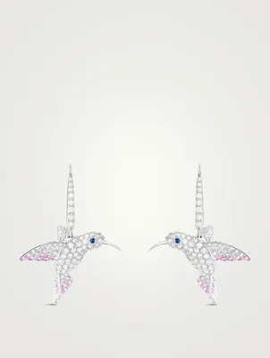 Hopi The Hummingbird White Gold Sleeper Earrings With Diamonds And Sapphire