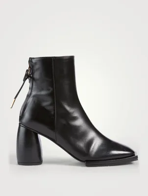 Square Ribbon Leather Heeled Ankle Boots