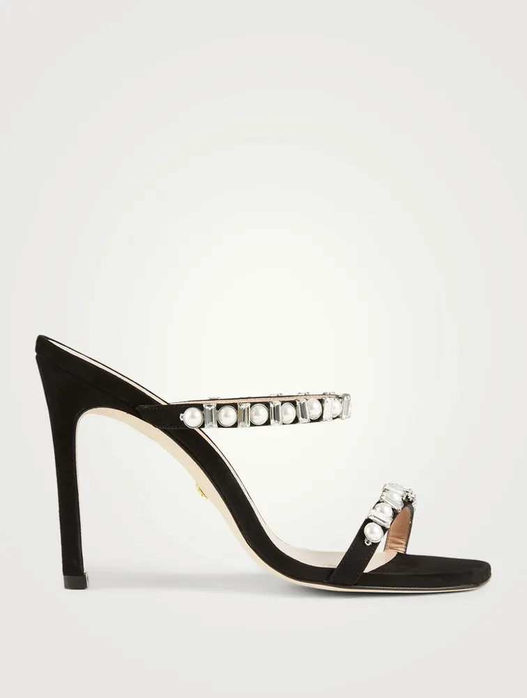 Aleena Shine Suede Heeled Sandals With Pearls