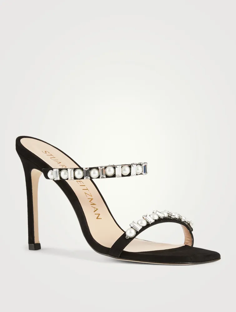 Aleena Shine Suede Heeled Sandals With Pearls