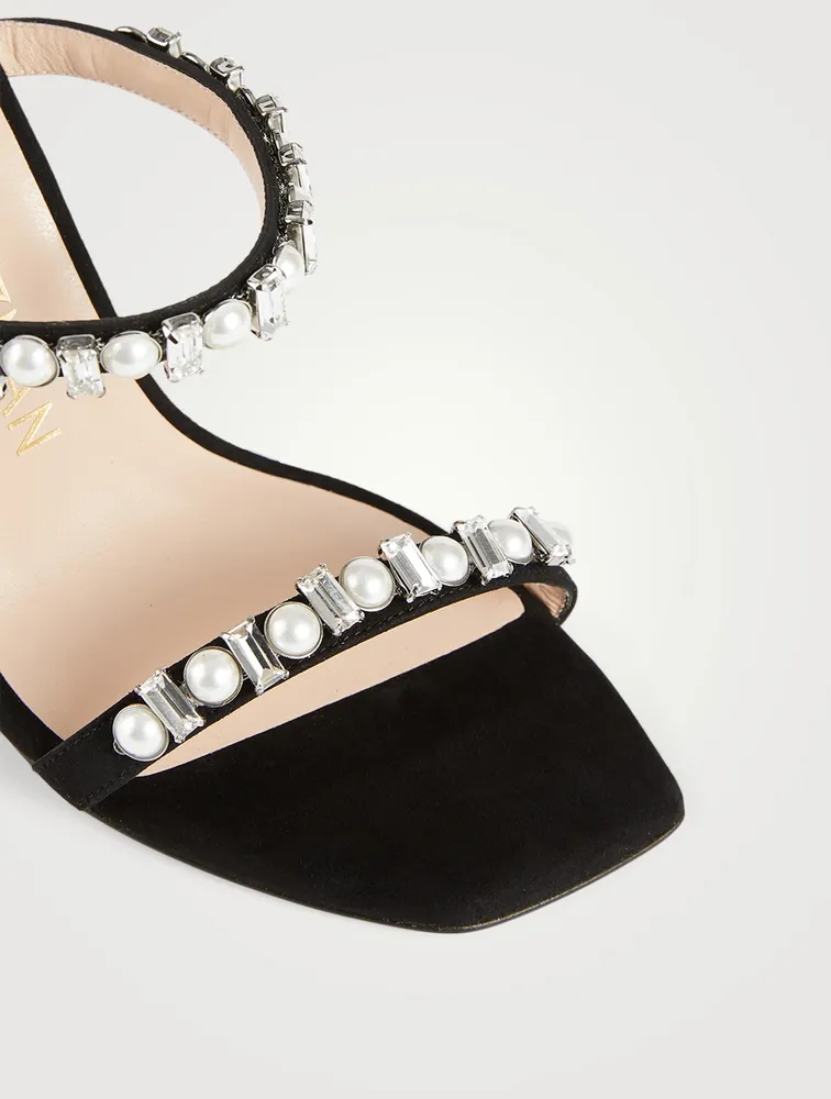 Aleena Shine Suede Heeled Sandals With Pearls