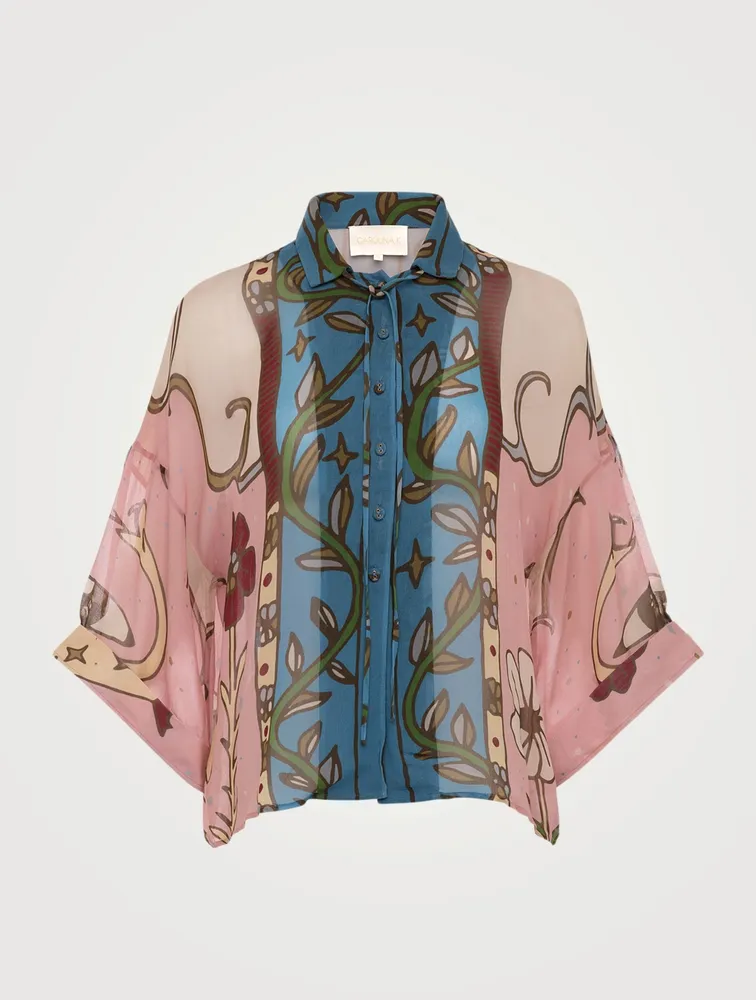 Kimono Button-Up Blouse Moon Queen Print