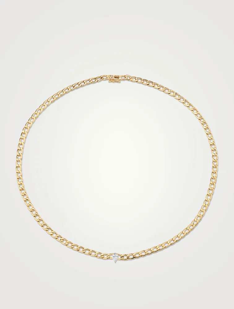 18K Gold Chain Necklace With Pear Diamond