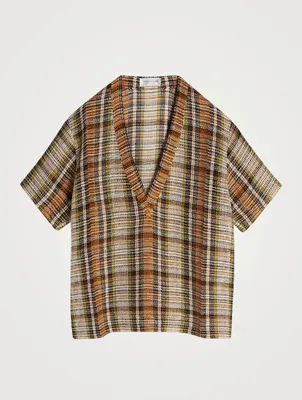 Linen Oversized V-Neck Top Check Print