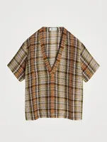 Linen Oversized V-Neck Top Check Print