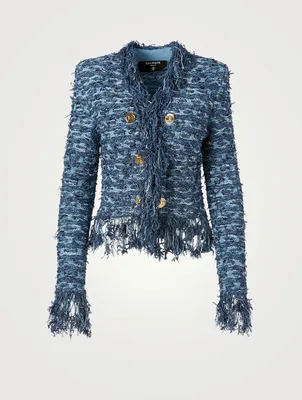 Double-Breasted Tweed Blazer With Fringe