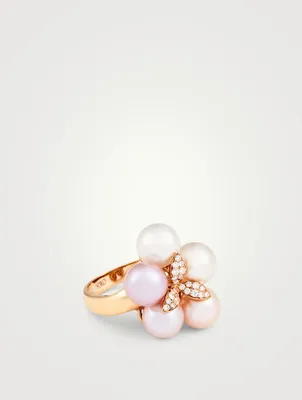 18K Rose Gold Flower Ring With Pearls And Diamonds