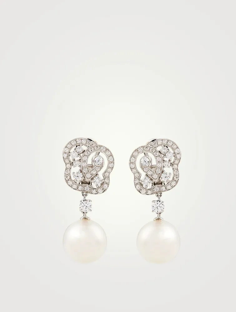 18K White Gold Drop Stud Earrings With Pearls And Diamonds