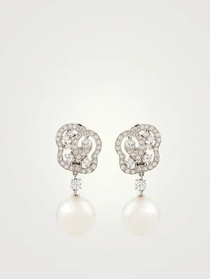 18K White Gold Drop Stud Earrings With Pearls And Diamonds