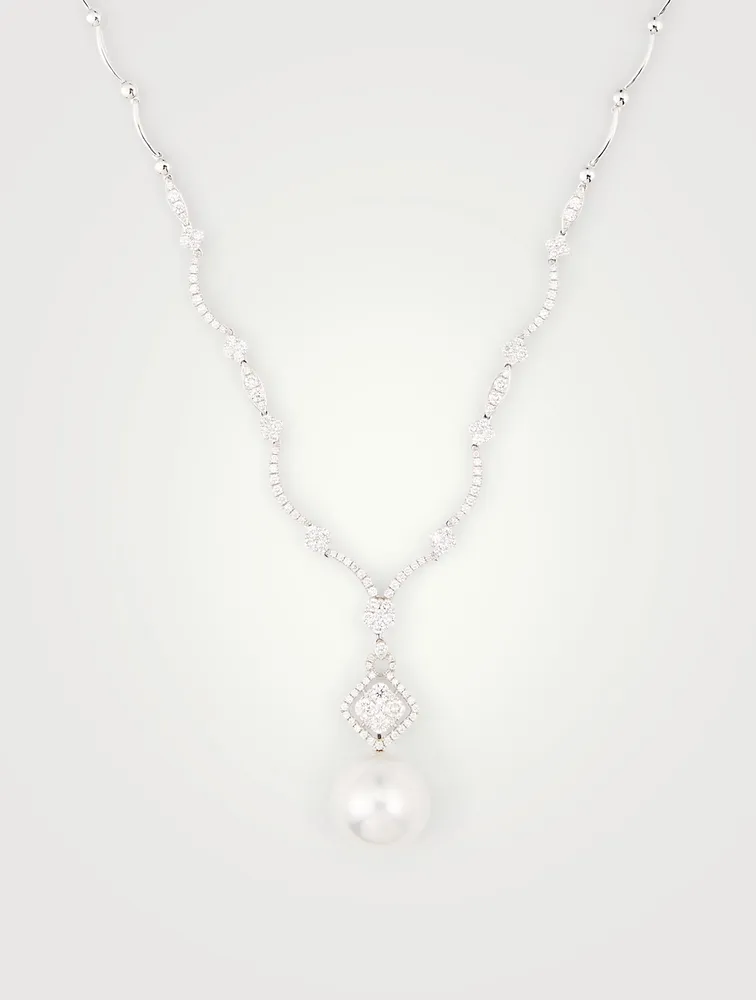 18K White Gold Necklace With Diamonds And Pearl