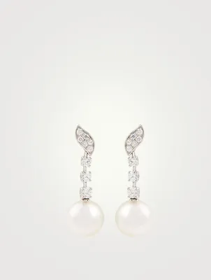 18K White Gold Drop Stud Earrings With Pearls And Diamonds