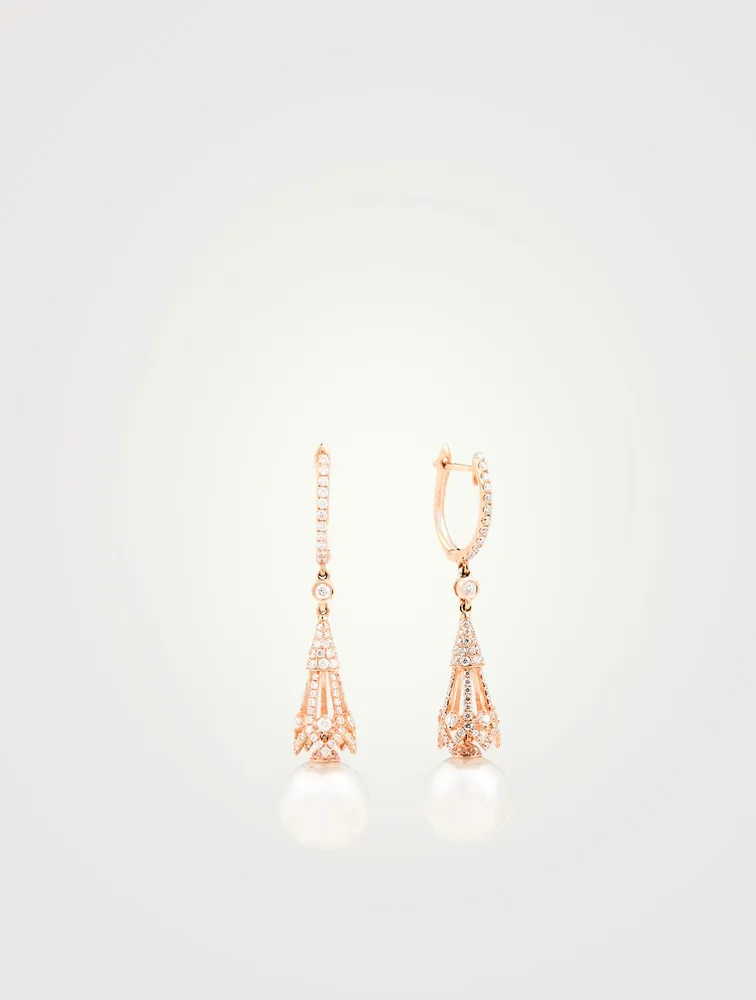 18K Rose Gold Drop Earrings With Pearls And Diamonds