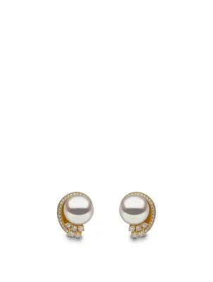18K Gold Stud Earrings With Pearls And Diamonds
