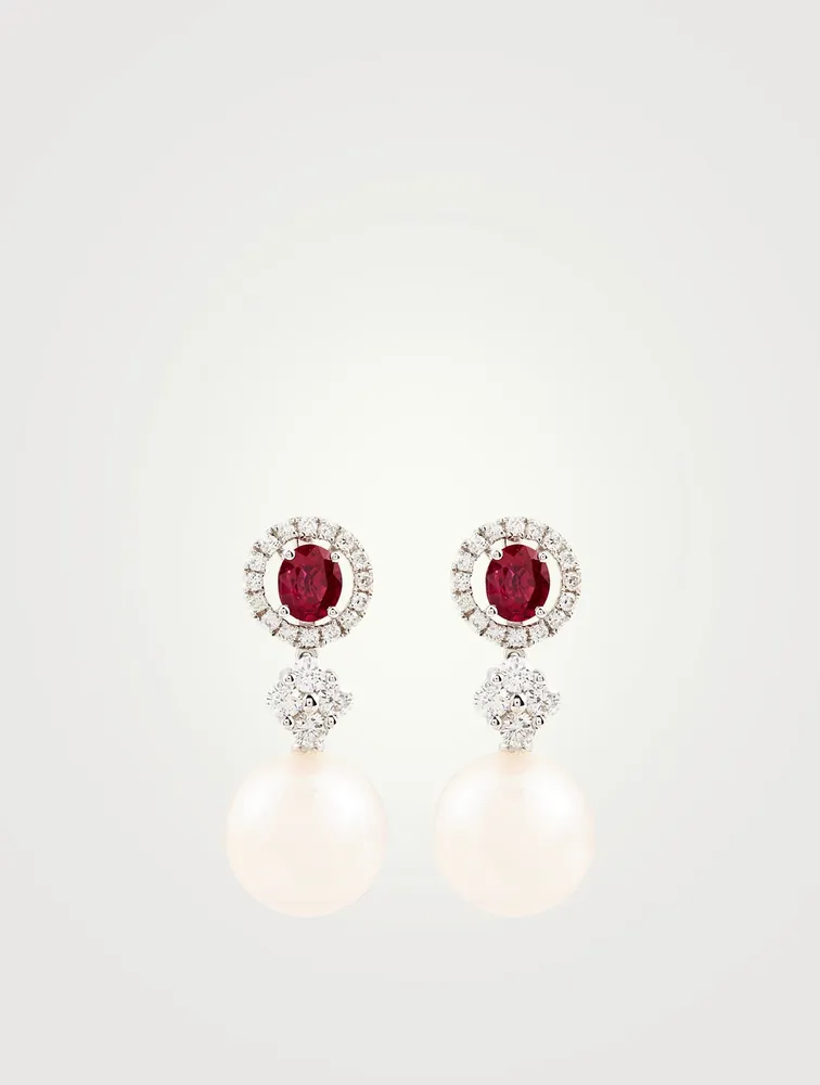 18K White Gold Drop Earrings With Pearls And Diamonds