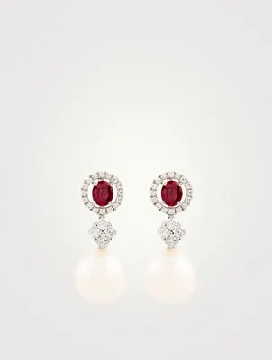 18K White Gold Drop Earrings With Pearls And Diamonds