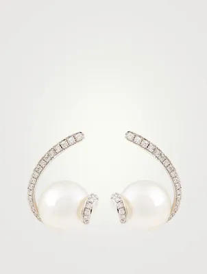 18K White Gold Curve Earrings With Pearls And Diamonds