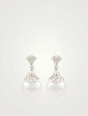 18K White Gold Drop Stud Earrings With Pearls And Diamonds